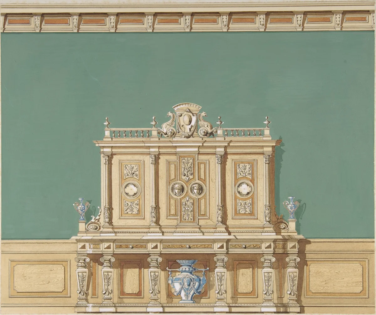 Interior Design with a Large Renaissance Style Cabinet against a Green Wall by anonymous, drawing, 1880-1900