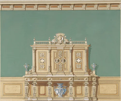 Interior Design with a Large Renaissance Style Cabinet against a Green Wall by anonymous, drawing, 1880-1900
