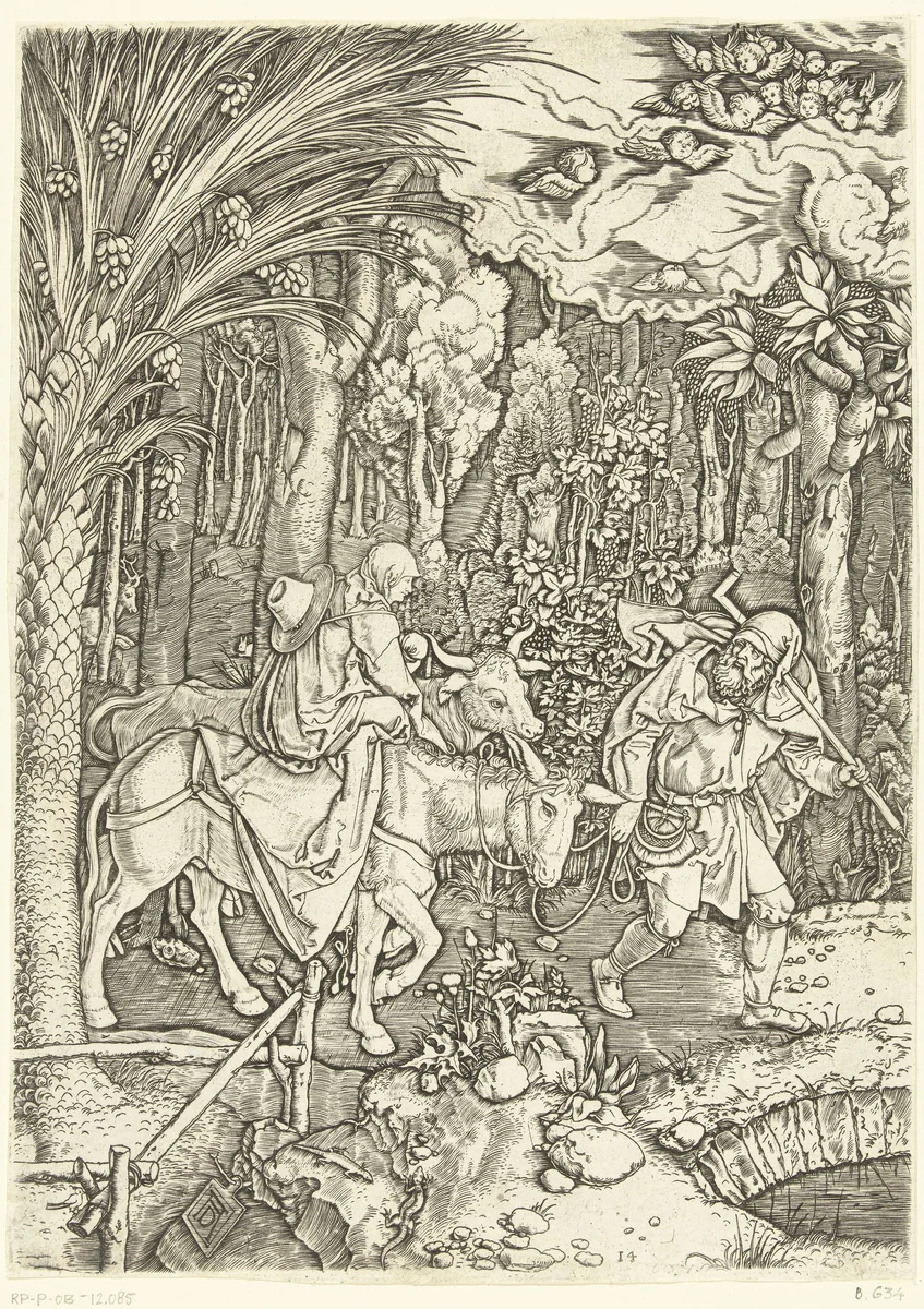 Maria met Christus en Jozef tijdens vlucht naar Egypte by Marcantonio Raimondi, print, 1510-1515