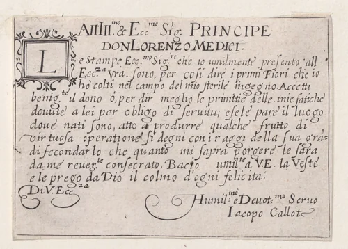 Copy of Dedication to Lorenzo de'Medici, from "Les Caprices" Series A, The Florence Set by anonymous, print, 1620-1700