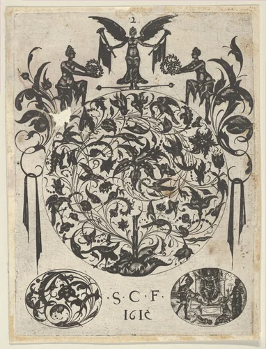 Blackwork Print with a Roundel with Tendrils and Birds Above Two Ovals, from a Series of Blackwork Prints for Goldsmiths' Work by Etienne Carteron, print, 1615