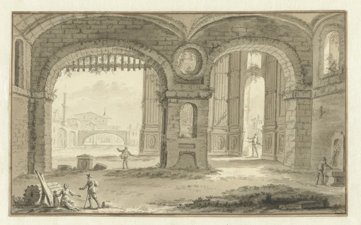 Gefantaseerd Italiaans stadsgezicht met klassieke bouwwerken by Abraham Rademaker, drawing, 1685-1735