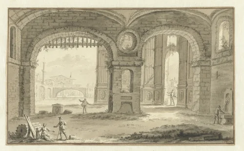 Gefantaseerd Italiaans stadsgezicht met klassieke bouwwerken by Abraham Rademaker, drawing, 1685-1735