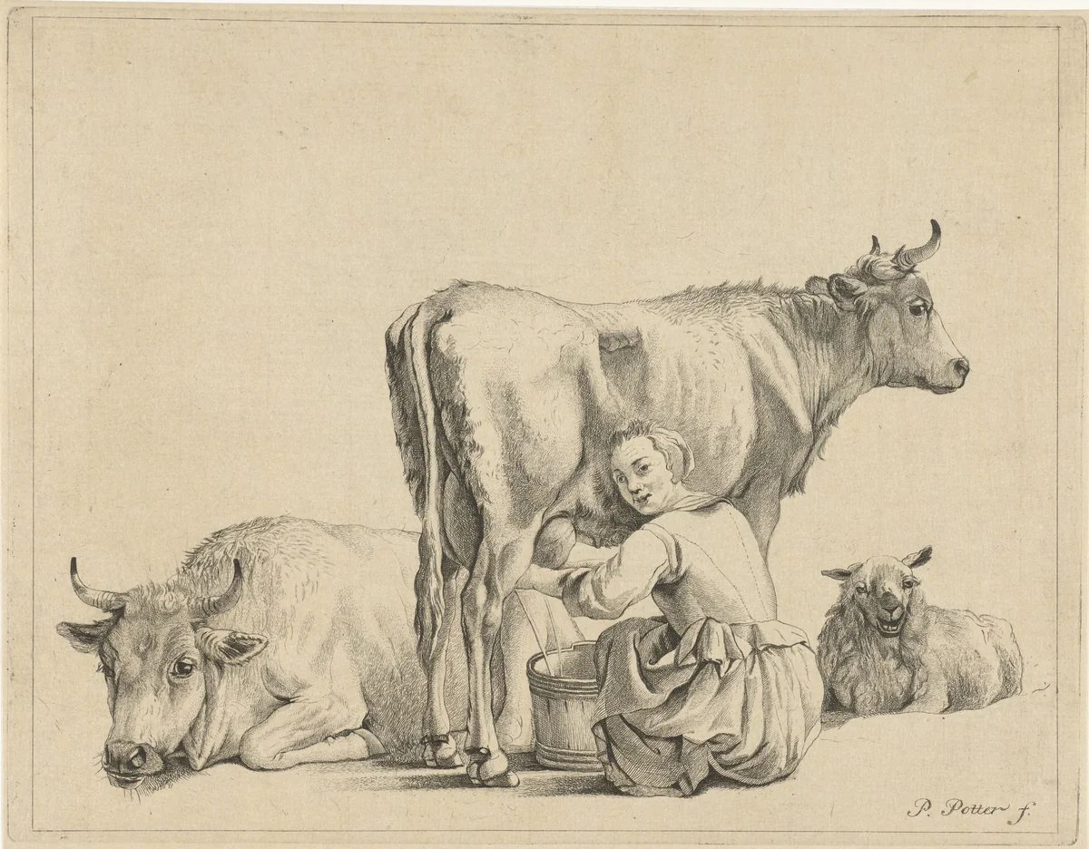 Melkmeid by Pieter de Mare, print, 1768-1796