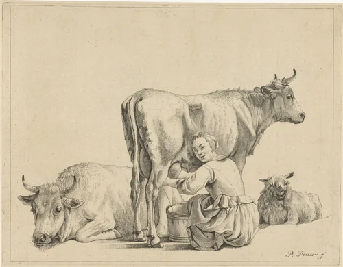 Melkmeid by Pieter de Mare, print, 1768-1796