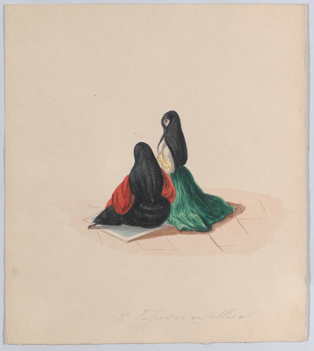 Two woman wearing the saya attending mass, from a group of drawings depicting Peruvian dress by Francisco Fierro, drawing, 1843-1853