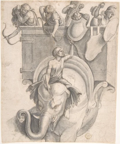 Battle Scene with Soldiers Mounted on an Elephant. by Giulio Romano, drawing, 1550-1650