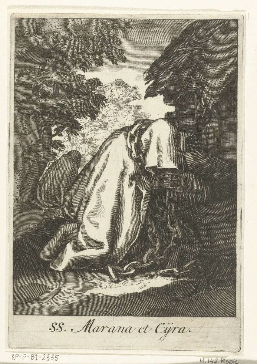Heilige Marana van Syrië en heilige Cyra als kluizenaressen met ketenen by anonymous, print, 1590-1662