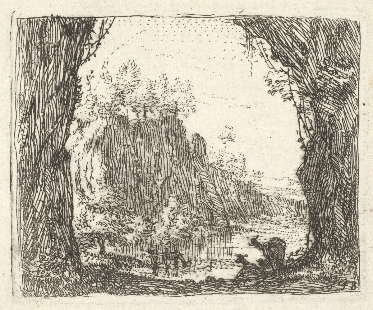 Landscape flanked by trees in the left and right foreground, silhouettes of two goats, a river with cliffs beyond, from "The Small Landscapes" by Karel Dujardin, print, 1641-1678