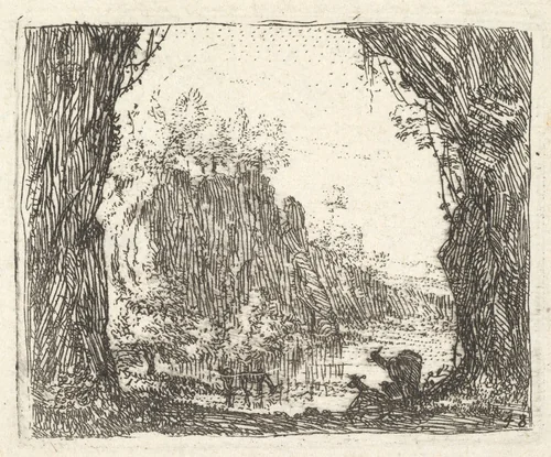 Landscape flanked by trees in the left and right foreground, silhouettes of two goats, a river with cliffs beyond, from "The Small Landscapes" by Karel Dujardin, print, 1641-1678