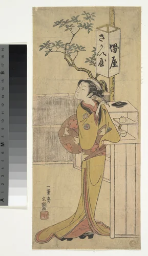A Waitress of the Sakai-ya Teahouse Standing and Looking by Ippitsusai Bunchō (一筆齊文調), print, 1760-1780