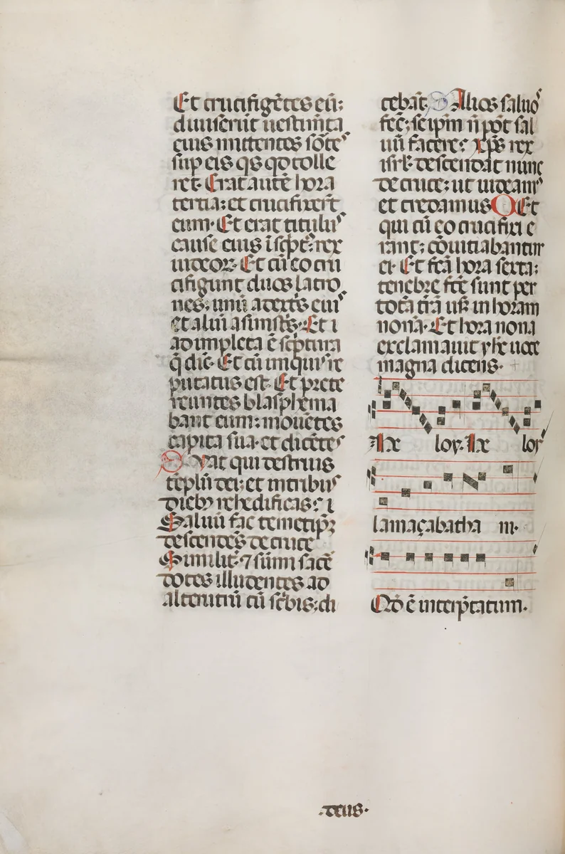 Missale: Fol. 128v: contains music for "Hely Hely Lama etc." within St. Mattion Passion by Bartolommeo Caporali, book, 1469