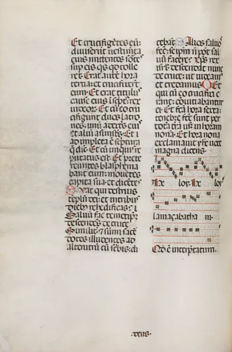 Missale: Fol. 128v: contains music for "Hely Hely Lama etc." within St. Mattion Passion by Bartolommeo Caporali, book, 1469