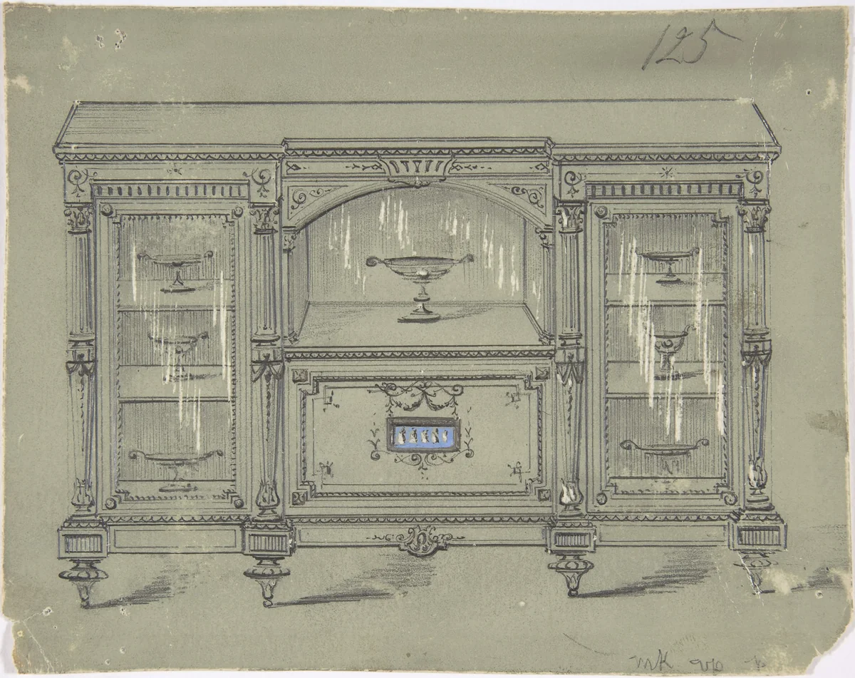 Design for a Cabinet with Three Glass Doors and a Porcelain Plaque by anonymous, drawing, 1800-1900