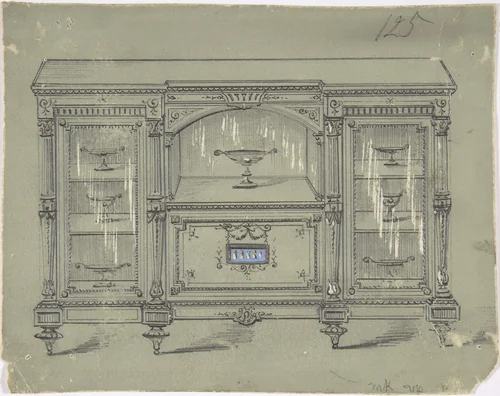 Design for a Cabinet with Three Glass Doors and a Porcelain Plaque by anonymous, drawing, 1800-1900
