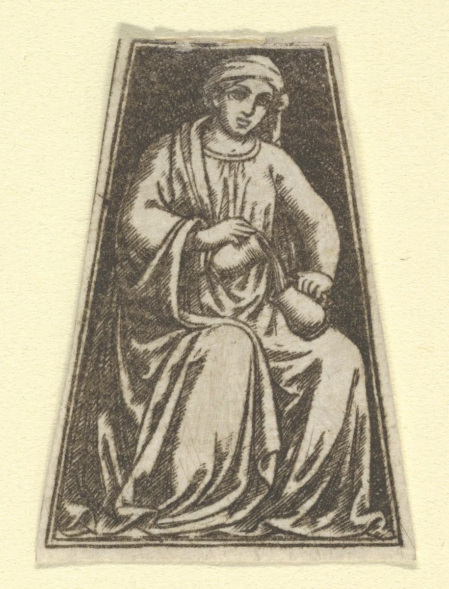 The cardinal virtue of Temperance represented by a seated woman pouring wine(?) from one jug into another (possibly a modern impression) by anonymous, print, 1475-1485