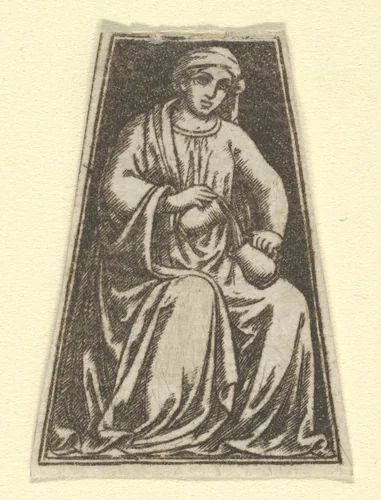 The cardinal virtue of Temperance represented by a seated woman pouring wine(?) from one jug into another (possibly a modern impression) by anonymous, print, 1475-1485