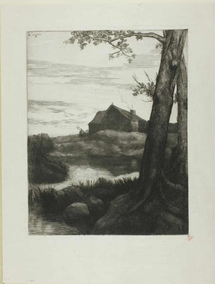 Farm with Large Tree by Alphonse Legros, print, 1850-1860