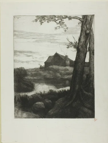 Farm with Large Tree by Alphonse Legros, print, 1850-1860