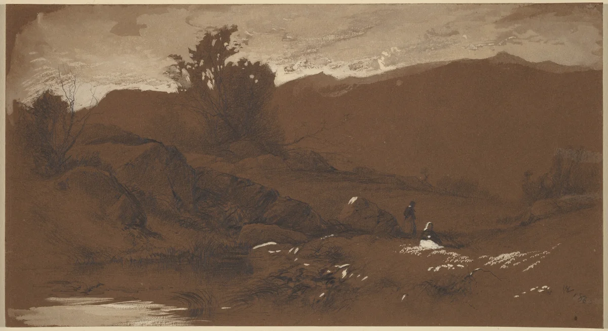Figures in a Landscape by William Hart, drawing, 1860
