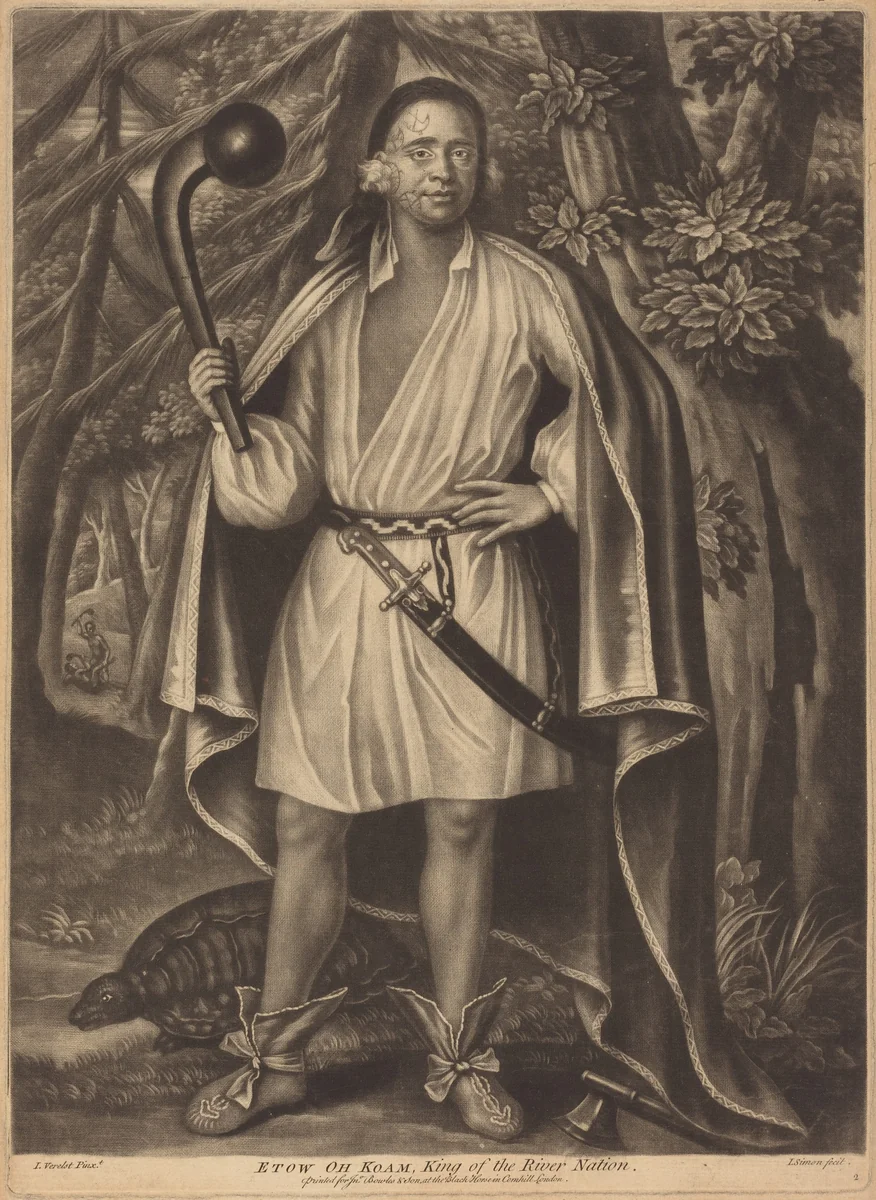 Etow oh Koam, King of the River Nation by Pierre Simon John Verelst, print, 1750-1810
