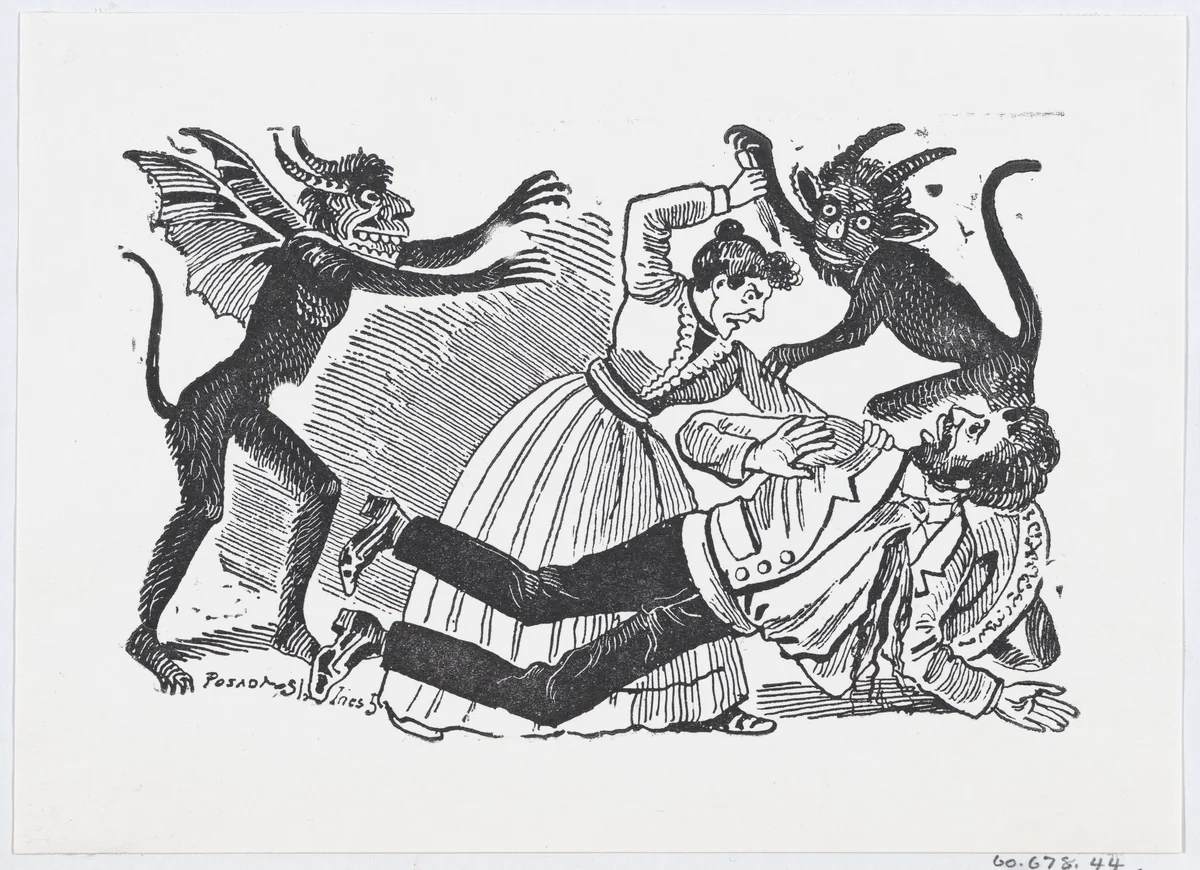A woman surrounded by demons stabbing a man to death from a broadside entitled 'Horroroso Asesinato' by José Guadalupe Posada, print, 1895-1910