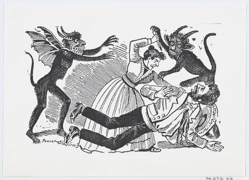 A woman surrounded by demons stabbing a man to death from a broadside entitled 'Horroroso Asesinato' by José Guadalupe Posada, print, 1895-1910