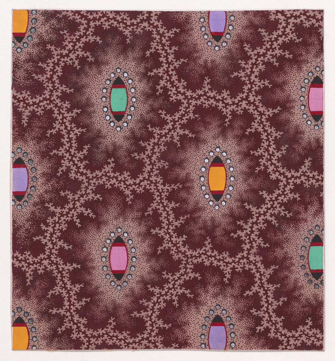 Textile Design with Alternating Vertical Rows of Shuttle Shapes and Pearls Framed by Interlacing Garlands of Branches by anonymous, drawing, 1840