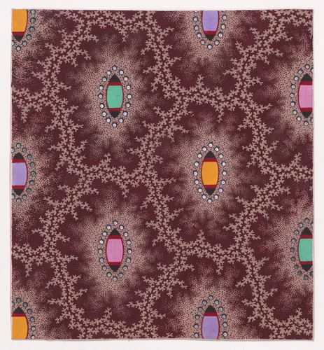 Textile Design with Alternating Vertical Rows of Shuttle Shapes and Pearls Framed by Interlacing Garlands of Branches by anonymous, drawing, 1840
