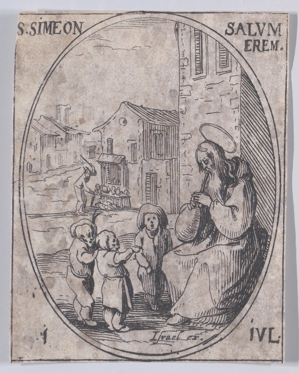S. Siméon Salus, évêque (St. Simeon Salus, Bishop), July 1st, from "Les Images De Tous Les Saincts et Saintes de L'Année" (Images of All of the Saints and Religious Events of the Year) by Jacques Callot, print, 1636