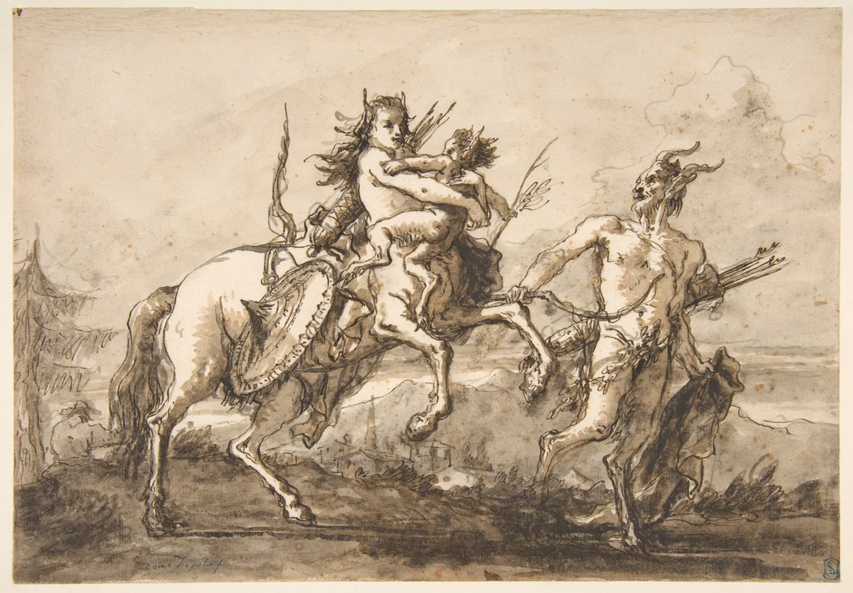 Satyr Leading a Centauress Who Holds a Satyr Child by Giovanni Domenico Tiepolo, drawing, 1727-1804
