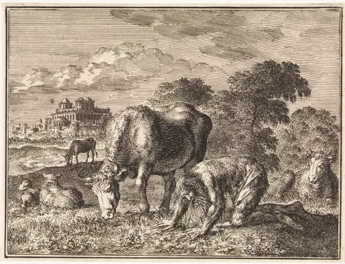Nebukadnezar kruipt te midden van het vee over de grond by Jan Luyken, print, 1712