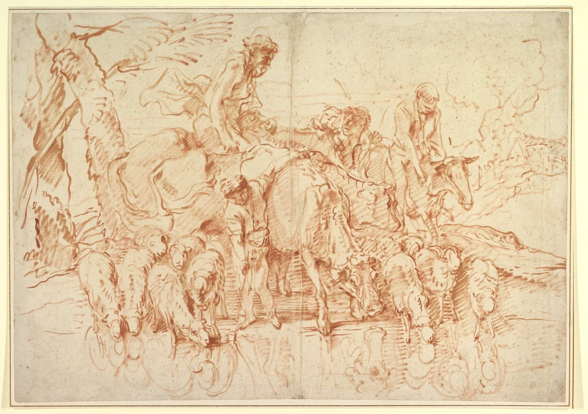 Pastoral Journey with Flocks and Herds at a Stream by Giovanni Benedetto Castiglione, drawing, 1660-1664