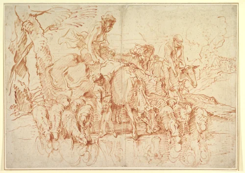 Pastoral Journey with Flocks and Herds at a Stream by Giovanni Benedetto Castiglione, drawing, 1660-1664