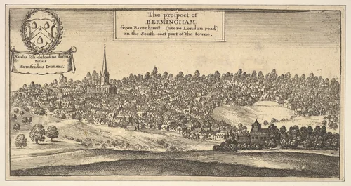The Prospect of Bermingham [Birmingham], from Ravenshurst (neere London-road) on the South-east part of towne (from Dugdale's "The Antiquities of Warwickshire," 1656, p. 957) by Wenceslaus Hollar, print, 1656