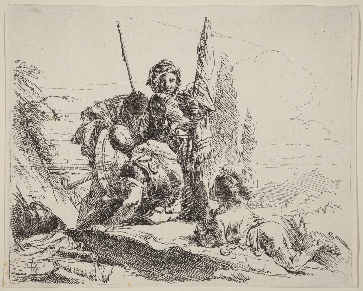 Three Soldiers and a Youth by Giovanni Battista Tiepolo, print, 1785