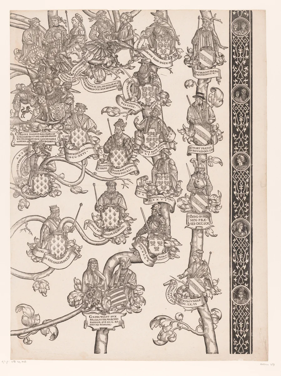 Stamboom van Frederik en Ottheinrich van Palts-Neuburg (plaat 9) by Jakob Clauser, print, 1535-1594