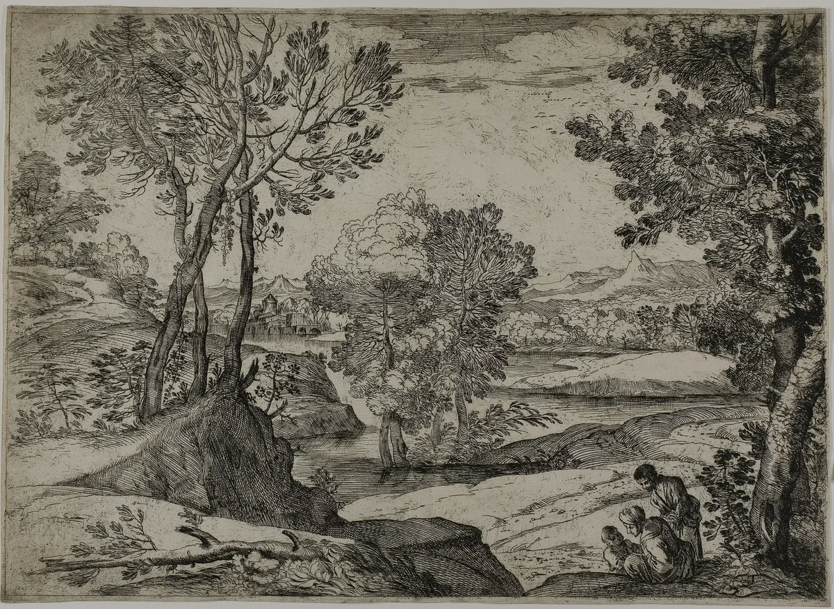 Woman, Her Child, and a Standing Man in a Landscape by Giovanni Francesco Grimaldi, print, 1643