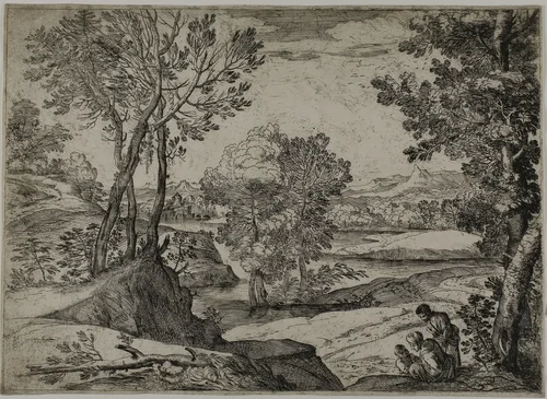 Woman, Her Child, and a Standing Man in a Landscape by Giovanni Francesco Grimaldi, print, 1643