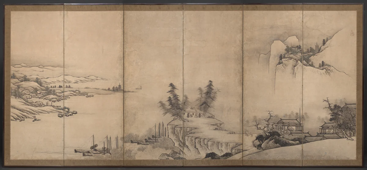 Chinese Pavilions in a Landscape by Unkoku Tōeki, painting, 1600-1650