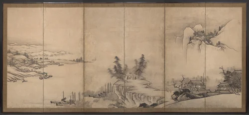 Chinese Pavilions in a Landscape by Unkoku Tōeki, painting, 1600-1650