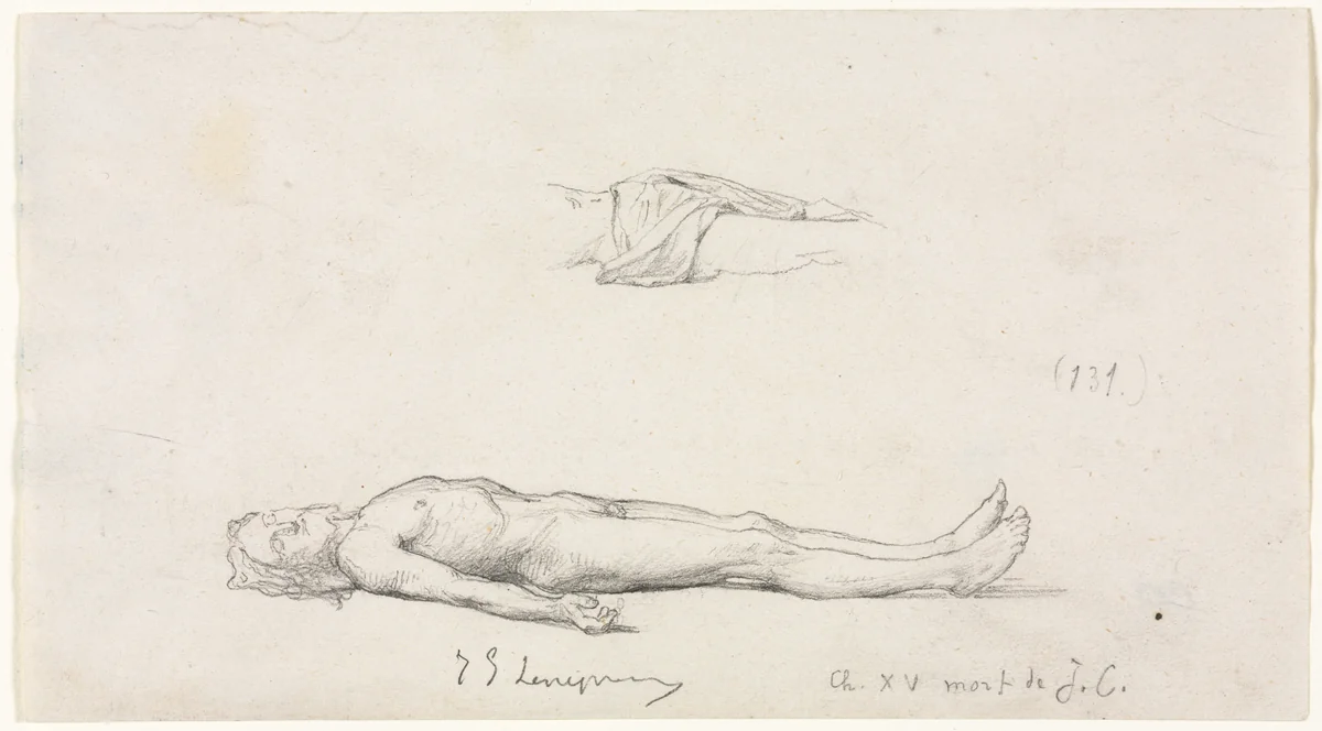 Sketch of the Dead Christ, and Detail Sketch of Loincloth by Jules Eugène Lenepveu, drawing, 1819-1898