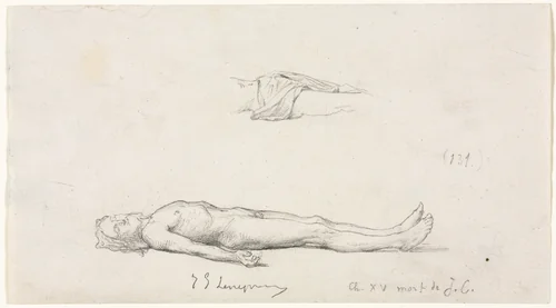 Sketch of the Dead Christ, and Detail Sketch of Loincloth by Jules Eugène Lenepveu, drawing, 1819-1898