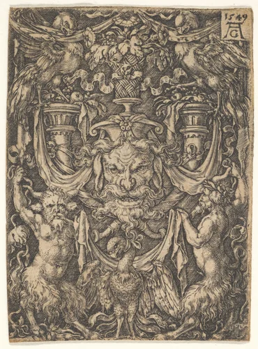 Ornamental Design with a Mask and an Eagle between Two Fauns below by Heinrich Aldegrever, print, 1549