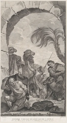 The Chapel of the Enfants-Trouvés in Paris: La Suite des rois mages: chameliers et porteurs de présents by Etienne Fessard, print, 1756