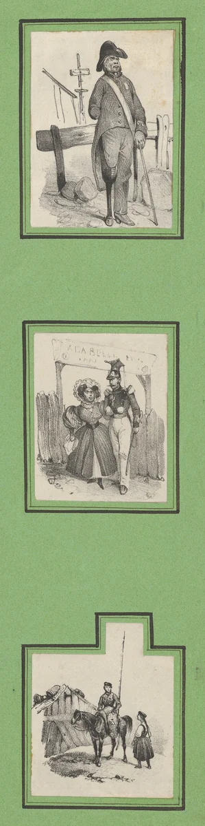 Soldiers (3 prints of varying size pasted onto a green sheet) by Victor Adam, print, 1820-1866