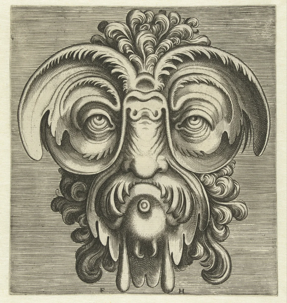 Masker met schotels rond de ogen en een toef krullen op het hoofd by Frans Huys, print, 1555