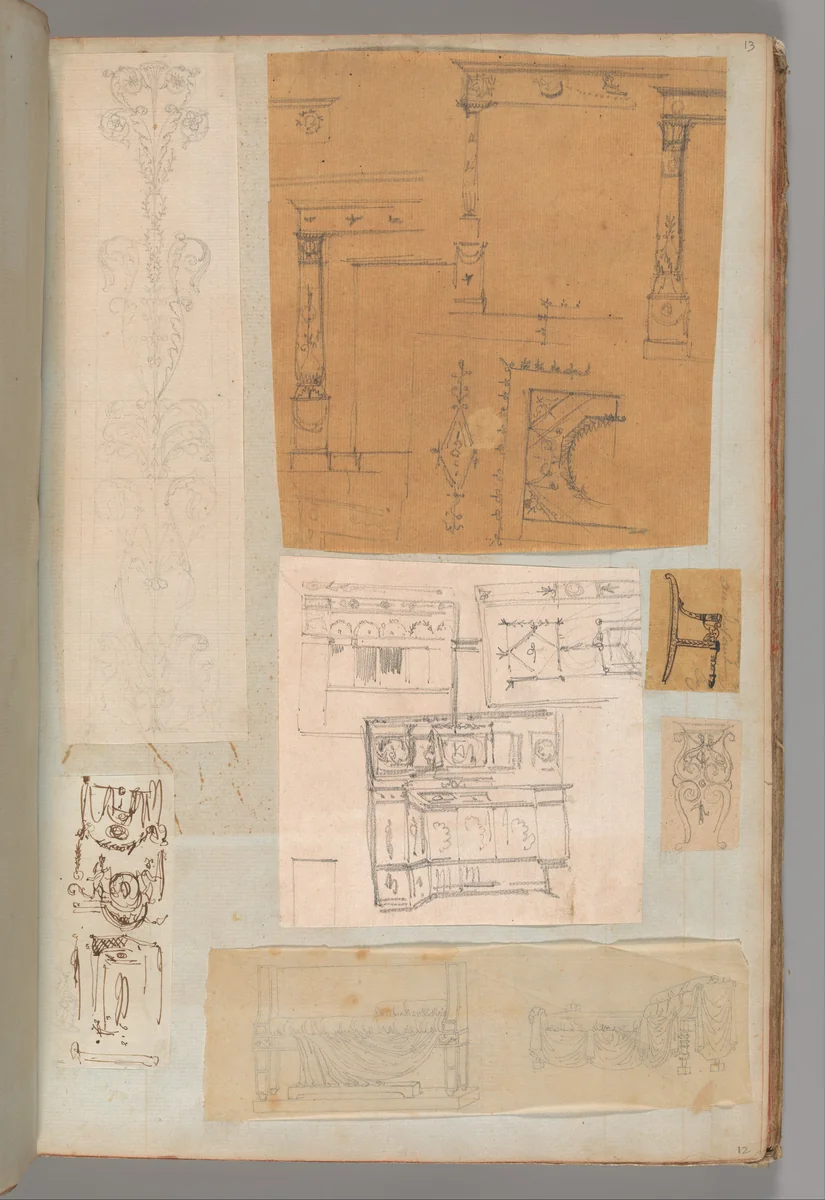 Page from a Scrapbook containing Drawings and Several Prints of Architecture, Interiors, Furniture and Other Objects by Charles Percier, book, 1795-1805