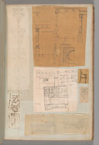 Page from a Scrapbook containing Drawings and Several Prints of Architecture, Interiors, Furniture and Other Objects by Charles Percier, book, 1795-1805