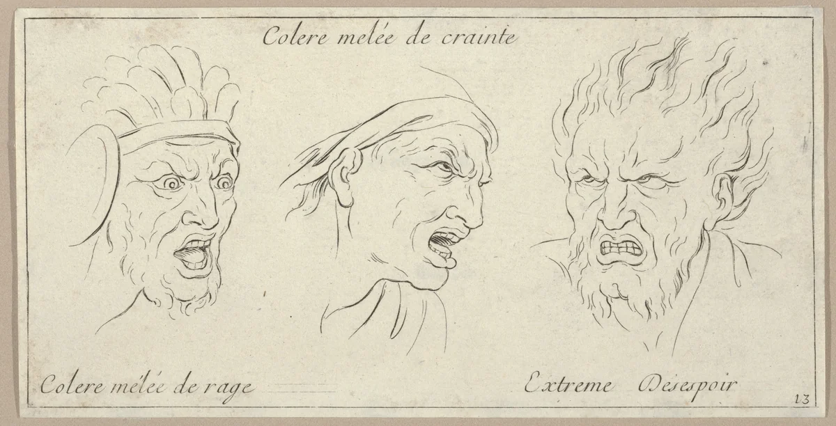 Le Colère mêlée de crainte, from "Caractères des passions, gravés sur les desseins de l'illustre Monsieur le Brun" by Sébastien Le Clerc, print, 1695-1720